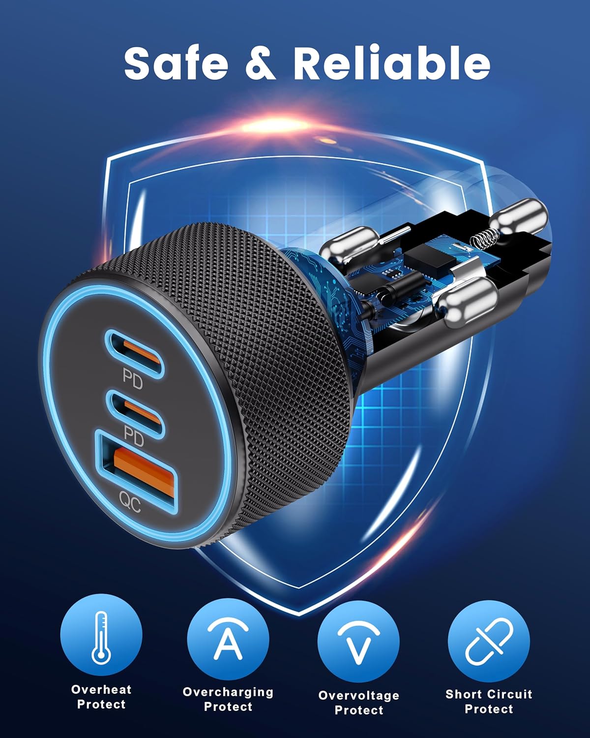 USB C Car Charger, 3-Port 67W Dual USB-C & USB-A Car Power Adapter PD/QC Fast Charging Cigarette Lighter for iPhone 16/15/14/13/12/11/Pro Max, iPad, Samsung Galaxy S25 S24/S23/S22/S21, Pixel, Android